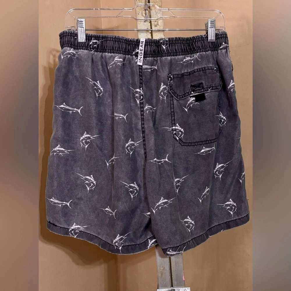 INGEAR Blue/Gray with White Shark Print Swim Trunks Sz L